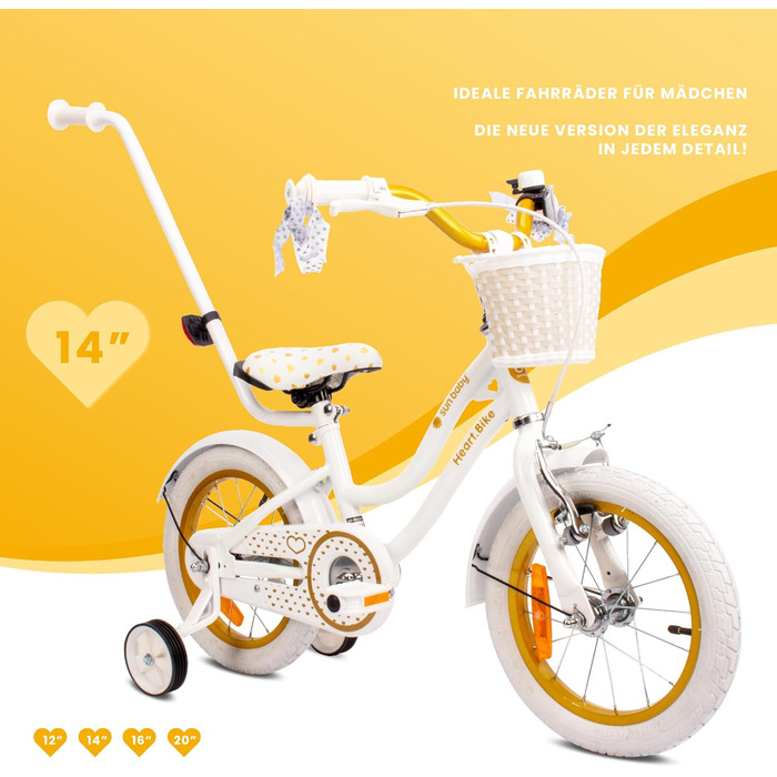Дитячий велосипед Sun Baby Heart Bike для дівчаток 12/14/16 дюймів, зі знімною ручкою, для дітей 2-6 років