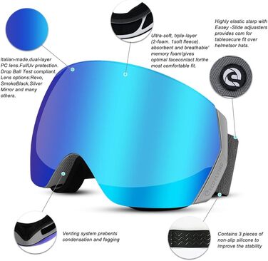 Гірськолижна маска eECO-FLYING для жінок і чоловіків, антифог OTG, магнітна, змінна REVO лінза, подвійна циліндрична, термоформована, сірий/синій