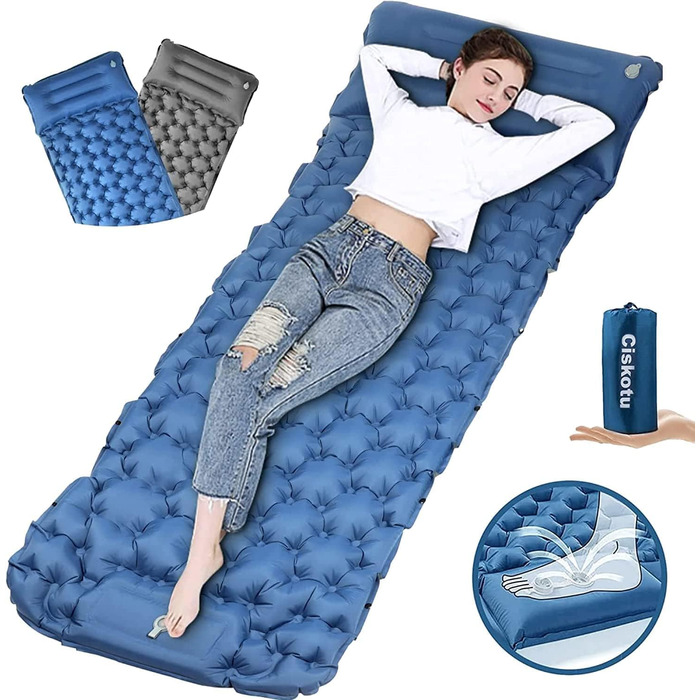 Килимок для кемпінгу Ciskotu самонадувний 8 см з подушкою. Підходить для кемпінгу, піших прогулянок та подорожей. (Синій+Сірий)