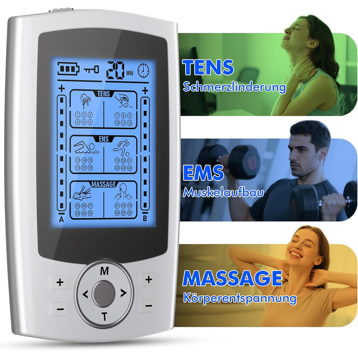 EMS масажер TENS: електрична стимуляція м'язів з 36 програмами, 10 електродів для ніг, спини, плечей