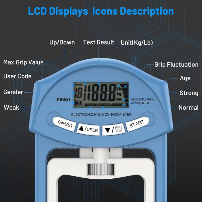Електронний динамметр Kuptone 90 кг / 200 фунтів, посилення хватки, 19 наборів плат, блакитний
