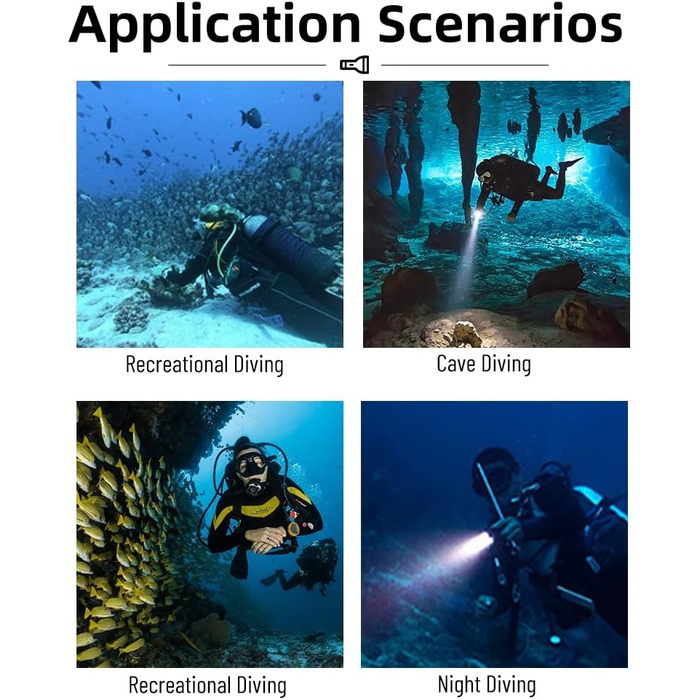 WindFire Перезаряджувана водонепроникна дайверська ліхтарик для дайвінгу та снорклінгу, 4 режими освітлення, індикатор заряду