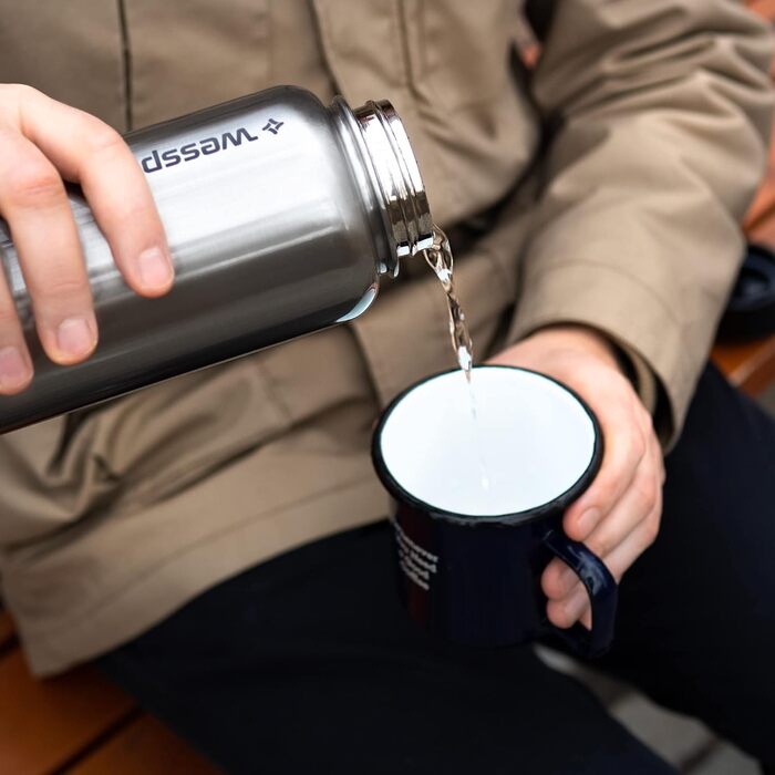 Wessper термос із нержавіючої сталі 1 л, герметична, BPA Free, 3 кришки, срібляста, пляшка для води для спорту, дітей і дорослих, для кемпінгу, велосипеда, outdoor