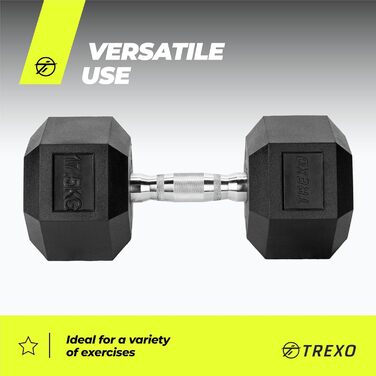Гантеля TREXO Hex 17,5 кг, гексагональна, гумована, чавунна, для силових тренувань вдома, ергономічна ручка, міцна, універсальна