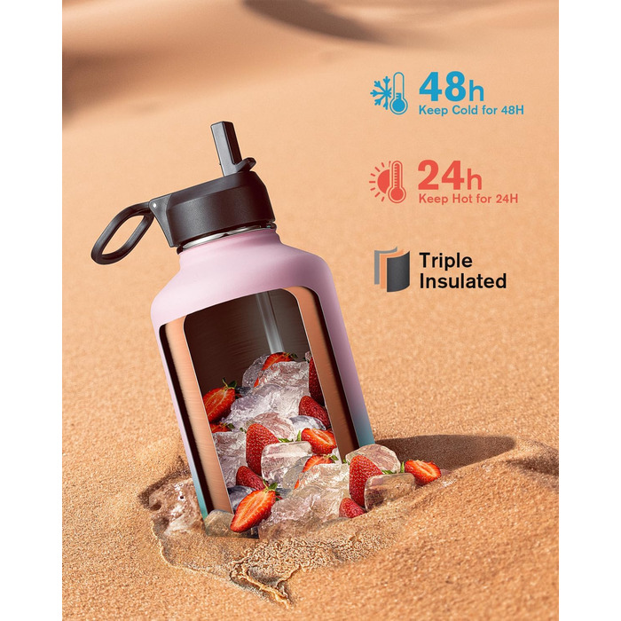 Термос-бутилка Coolflask 2 л з трубочкою та 3 кришками, нержавіюча сталь, вакуумна ізоляція, для спорту та офісу, колір Bubble Gum