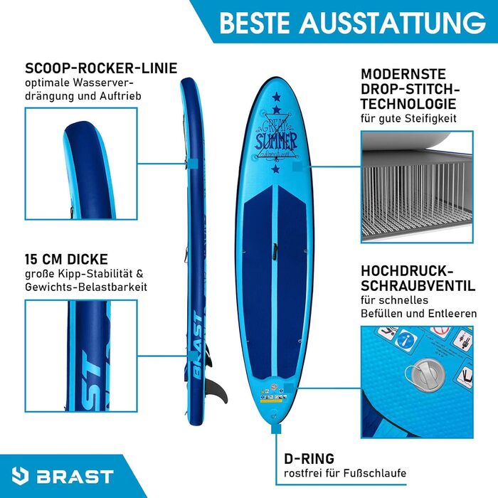 Надувна SUP-дошка BRAST Summer 320x81x15 см, комплект для сап-серфінгу з веслом 2-в-1, каяк-сидінням, кріпленням для екшн-камери, ременем на ногу, рюкзаком, 5 років гарантії
