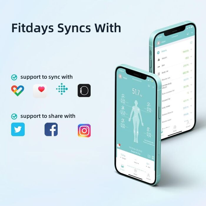 Ваги для тіла Fitdays Smart з аналізом складу тіла, Bluetooth, 20+ показників, чорні (FI2211WB)
