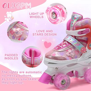 Роликові ковзани для дівчаток Rollkate Kid з блискучими сердечками та світлодіодами, регульовані 4 рази, ідеальні для початківців, подарунок на день народження або Різдво (рожеві)
