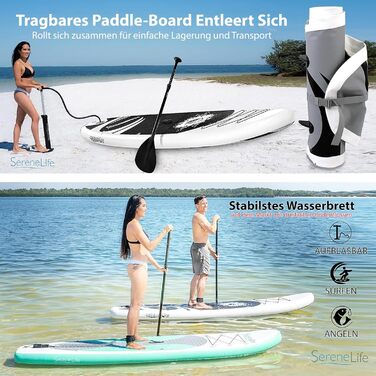 Надувна SUP-дошка SereneLife з аксесуарами, сіро-чорна, комплект для дітей і дорослих, антиковзка поверхня, насос, весло, сумка для перенесення