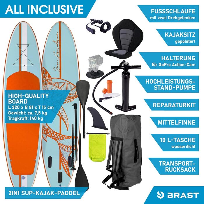 SUP-дошка BRAST Shark 300-320 см надувна, набір для сапбордингу, 2в1 весло, крісло-каяк, аксесуари, 5 років гарантії