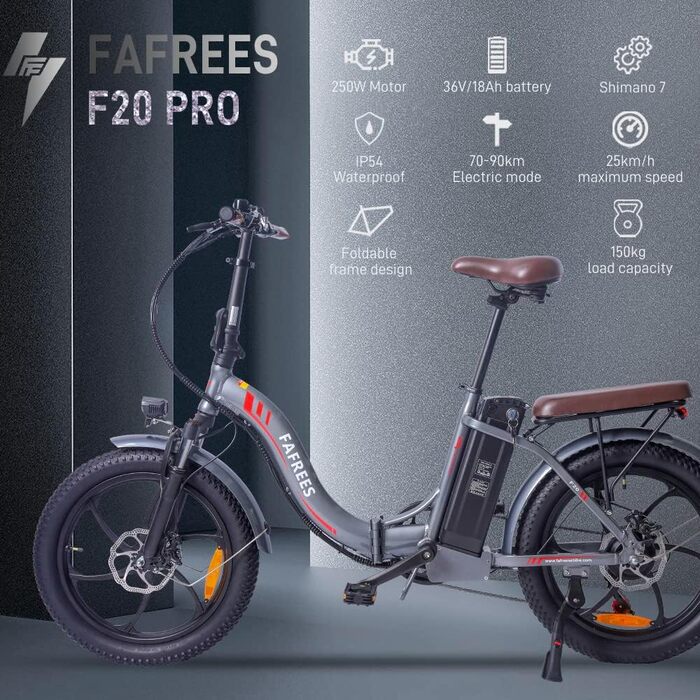 Електровелосипед Fafrees F20 PRO 20'' 250Вт 36В 18А·год, складаний фетбайк з Shimano 7S, для міста та бездоріжжя, для чоловіків і жінок, швидкість 25 км/год