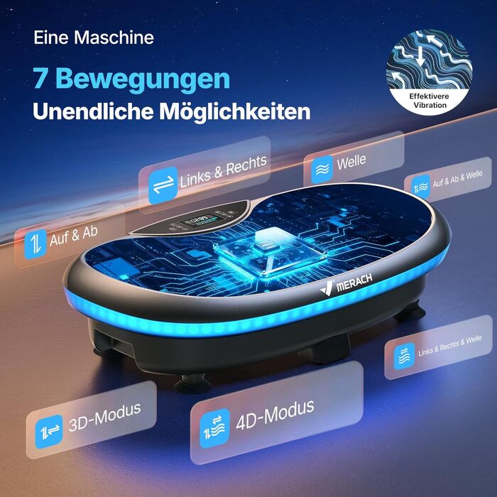 Віброплатформа MERACH 4D з 7 режимами вібрації, 120 швидкостями, 5 програмами, Bluetooth та підсвіткою, чорна