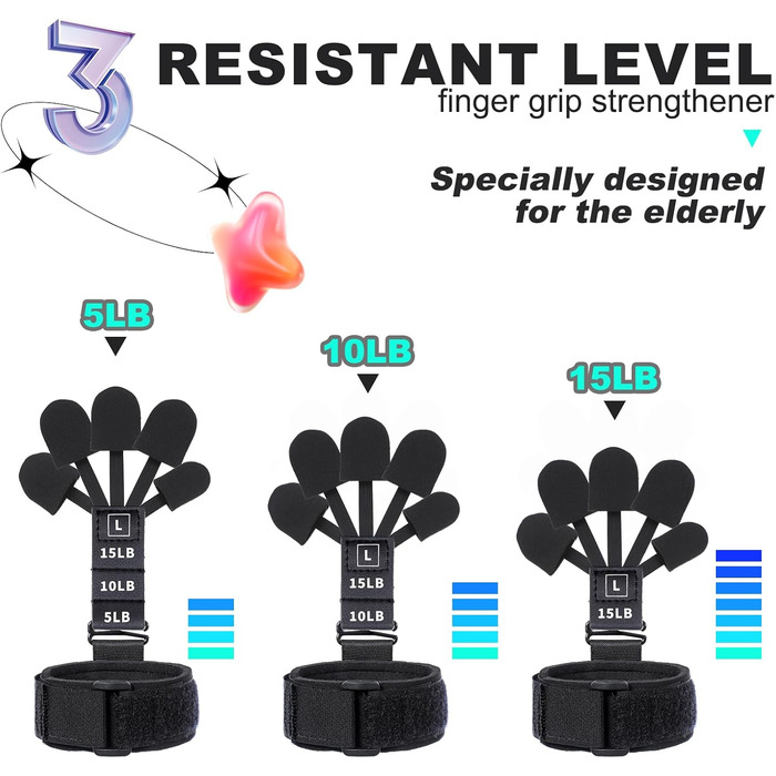 Розвантажувач пальців, тренажер сили хвата для літніх людей, 3 рівні, регульовані, для фізіотерапії