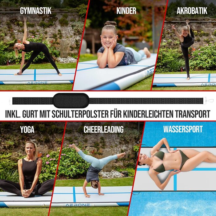 Гімнастичний надувний мат Airtrack AERONE | 3м, 4м, 5м, 6м | Аксесуари: ремінь, сумка, насос | Для дому, басейну, на вулицю | 500x100x10см, блакитний
