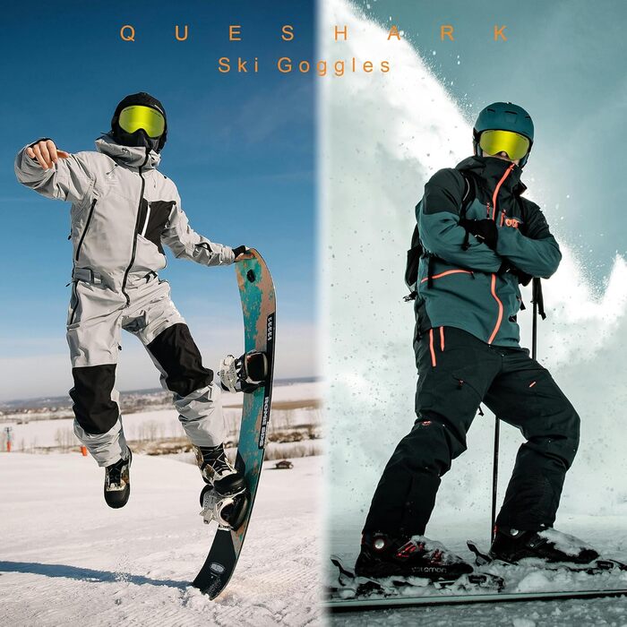 Окуляри для сноубордингу та гірськолижного спорту Queshark з подвійною сферичною лінзою, захист UV400, антизапітніння та антиблік, сумісні з шоломом, чорно-коричневий (чорно-жовтий)