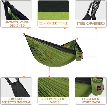 Гамак для кемпінгу AnorTrek, легкий туристичний гамак з 2-ма стропами, нейлон, 280 x 140 см, оливково-чорний