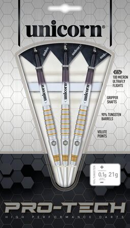 Дротики для дартсу Unicorn Pro-Tech, 90% вольфраму, сталевий наконечник, 23 г, золоті акценти