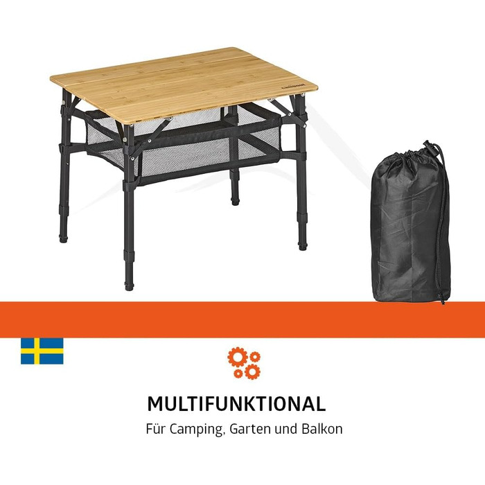 Зручний складаний садовий/кемпінговий столик Campout з бамбуковою полицею (65x50x65 см), 3 положення висоти, з сумкою