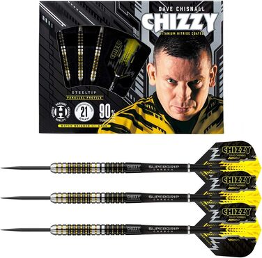Професійні дротики Harrows Dave 'Chizzy' Chisnall 90% вольфрам, сталевий наконечник, 22 г, Supergrip Carbon, 100 мкм Chizzy Flights