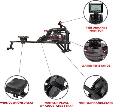 Водний гребний тренажер Sunny Health & Fitness Obsidian SF-RW5713 з LCD-дисплеєм, ергометром, комп'ютером тренувань, сумісний з пульсометром, до 113 кг
