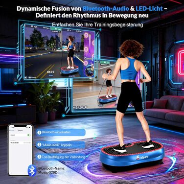 Вібраційна платформа для дому: 6+1 режимів тренувань, 199 швидкостей, 200W двигун, LED-підсвітка (темно-синій)