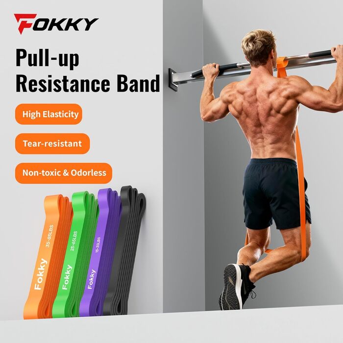 Набір еластичних стрічок Fokky для фітнесу, 4 рівні, з дверним кріпленням та захисними подушечками, для силових тренувань, чорний, фіолетовий, зелений, помаранчевий