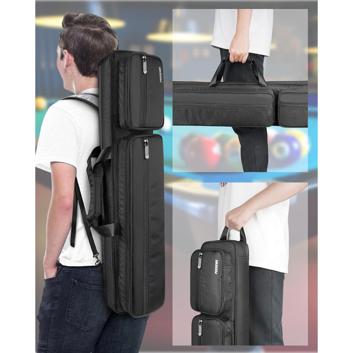 Чохол для більярдного кия, 10 x 13 см, з кількома кишенями, для 4 київ, 5 аксесуарів, з підкладкою, м'який та міцний, з регульованими плечовими ременями, чорний (для чоловіків та жінок)