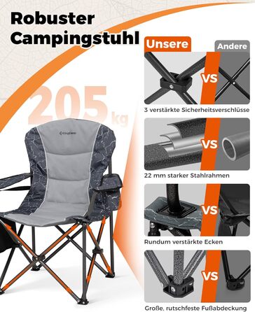 Скромний розкладний крісло для кемпінгу KingCamp XXL (до 205 кг) з підлокітниками, регульованою спинкою, кишенею для напоїв та сумкою-холодильником, чорний
