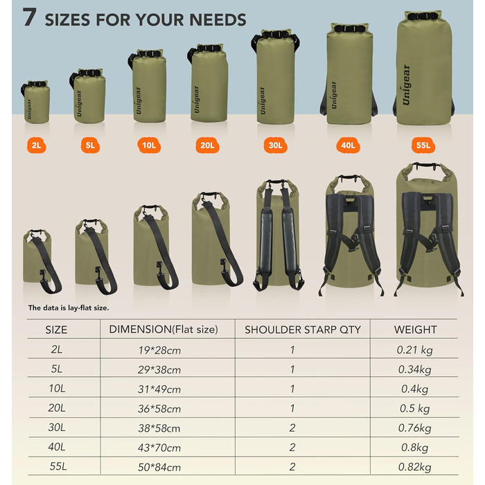 Водонепроникний мішок Unigear Dry Bag 2L/5L/10L/20L/40L для каяку, риболовлі, кемпінгу, пляжу, з кишенею для телефону та ременями, армійний колір