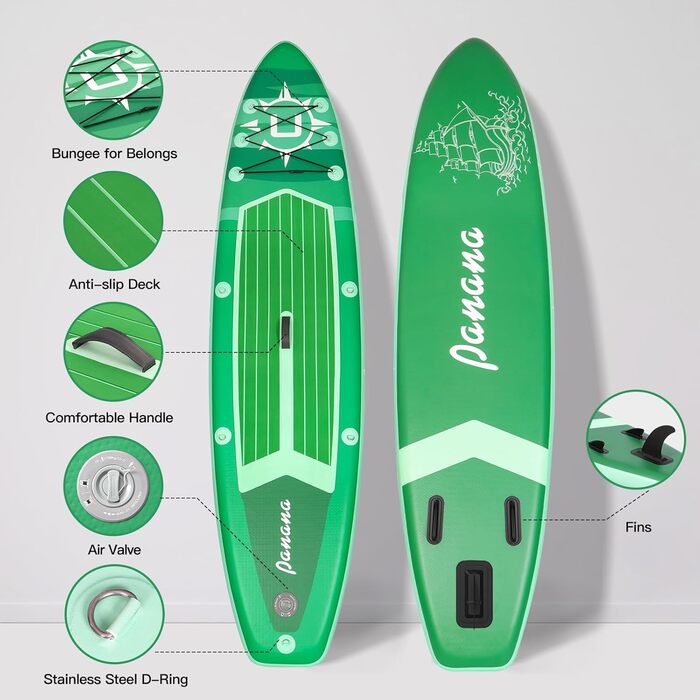 Надувне SUP-борд Panana з аксесуарами: комплект для веслування стоячи, регульоване весло, протиковзне покриття, 305x76x15 см, зелений