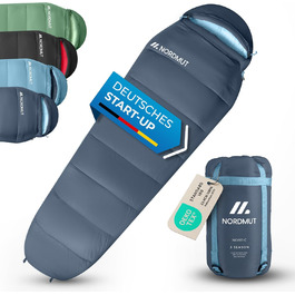 Спальний мішок NORDMUT® для дорослих – компактний та ультралегкий (900/1500г) – на 3 сезони (250 GSM) & літній спальний мішок (100 GSM) – мумієвидний спальник для кемпінгу, відпочинку на природі та фестивалів. Колір: Marine.