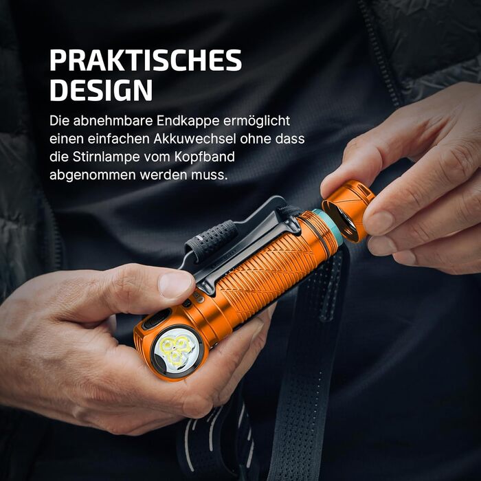 OLIGHT Perun 3 - ліхтар налобний LED перезарядна, 3000 люмен, 7 режимів, сенсор, червоне світло, IP68, для кемпінгу, риболовлі, полювання, оранжевий