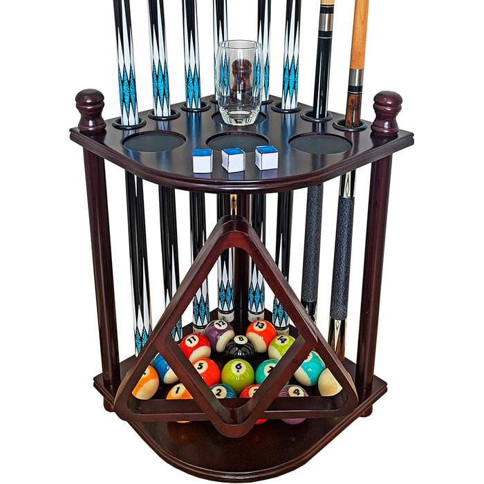 Стійка для більярдних київ GACCO BILLIARDS на 8 київ та аксесуари: кутовий тримач з масивного дерева, з тримачем для куль, з гачками (махагон)