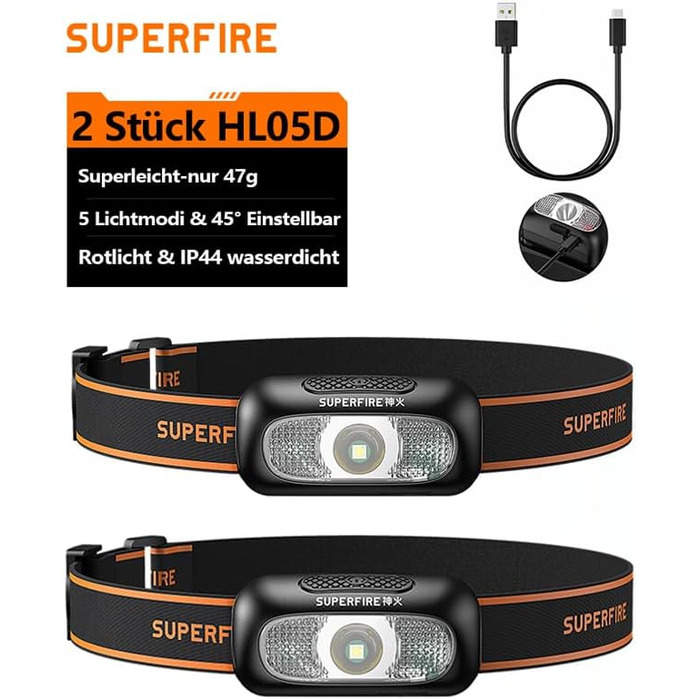 Налобний ліхтар SuperFire LED, 2 шт., перезаряджається USB, з червоним миготком, 5 режимів, регульований, для дорослих та дітей, біг, рибалка, кемпінг, водонепроникний, чорний