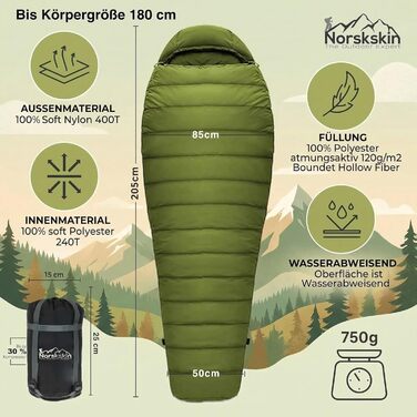 Спальний мішок Mumienschlafsack Norskskin Ultralight 205 Grün - екстремальний (-6°C), з'єднуваний, з кишенею для подушки, правий блискавка
