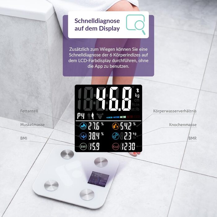 TrueLife FitScale W6 Bluetooth ваги з аналізом імпедансу, 19 показників тіла, LCD-дисплей, 8 користувачів, білий