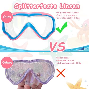 Дитячі маски для снорклінгу Vvinca з тканинним ремінцем, 180° панорама, анти-витік, для дітей 3-13 років (хлопчики та дівчатка), блакитний та рожевий кольори