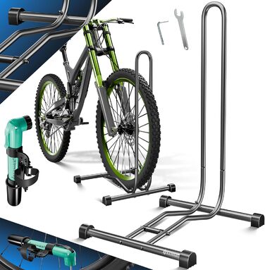 Підставка для велосипеда KESSER® для гірського, електро-, та міського велосипеда | Рейс-сталева підставка | Ширина покришки до 65 мм | З повітряним насосом (Антрацит, 1 шт.)