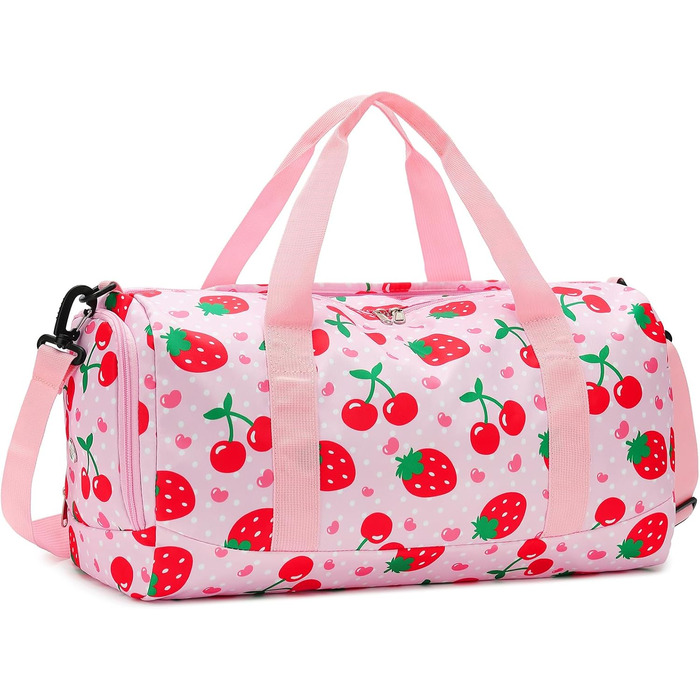 Спортивна сумка для жінок та дівчат: подорожі, фітнес, тренування. З відділенням для взуття та мокрих речей. Ягоди (полуниця, вишня), рожева