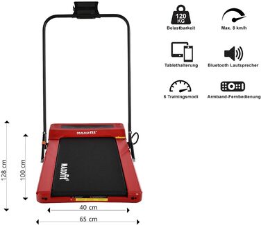 MAXOfit Mini Laufband MF-2 з Bluetooth, пульт дистанційного керування, до 8 км/год, компактний, складний, з тримачем для планшета (Червоний)