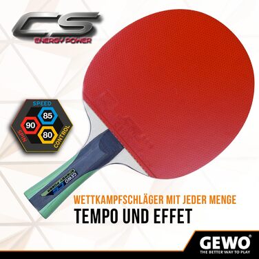 GEWO CS Energy Power – професійна ракетка для настільного тенісу, ITTF, контрольне покриття, висока обертальність, 1,8 мм, червоно-чорна, конкавна ручка