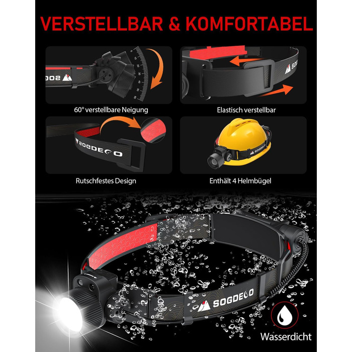 Ліхтар на лоб LED Sogdeco 5000 люмен, акумуляторний, IP68, сенсор, червоне світло, для кемпінгу та виживання