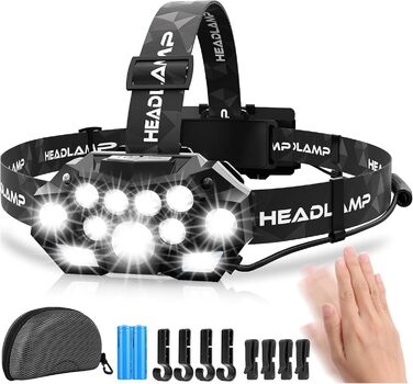 Ліхтар на лоб LED, 20000 люмен, 11 режимів, з датчиком руху, водонепроникний IPX4, для риболовлі, кемпінгу, велоспорту та піших прогулянок