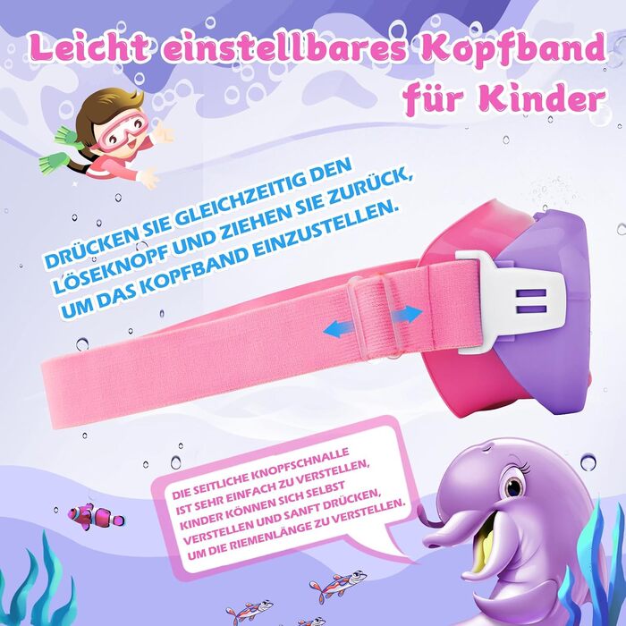 Дитяча маска для плавання WAVE Kinder з антифогом, рожево-ліловий, з еластичним ремінцем та захистом від УФ-променів