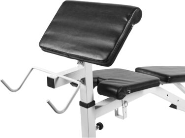 Лава для жиму GORILLA SPORTS® 7-позиційна, з регульованою спинкою і сидінням, з підставкою для біцепса і фіксатором для ніг, до 250 кг, біла – універсальна фітнес-лава для тренувань вдома