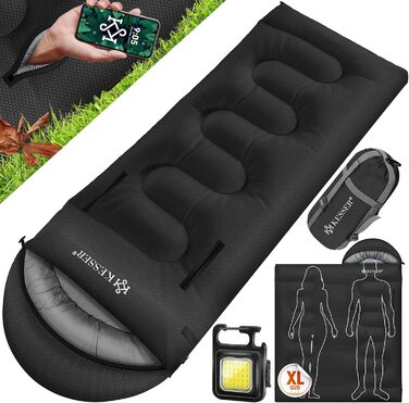 Сплячий мішок KESSER® Outdoor | Дека-сплячий мішок 3-4 сезони | Спальний мішок для дорослих та дітей | Легкий, теплий, водонепроникний | з ліхтариком та кишенькою, чорний, 220 x 83 см