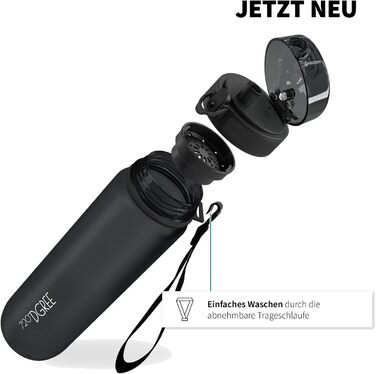 Спортивна пляшка для води 1,5 л 720°DGREE 'uberBottle' з петлею та мотиваційною шкалою, фільтром - не протікає, легка, без BPA - Tritan пляшка для університету, роботи, спорту, фітнесу, тренажерного залу 1500 мл Onyx Black - Чорний