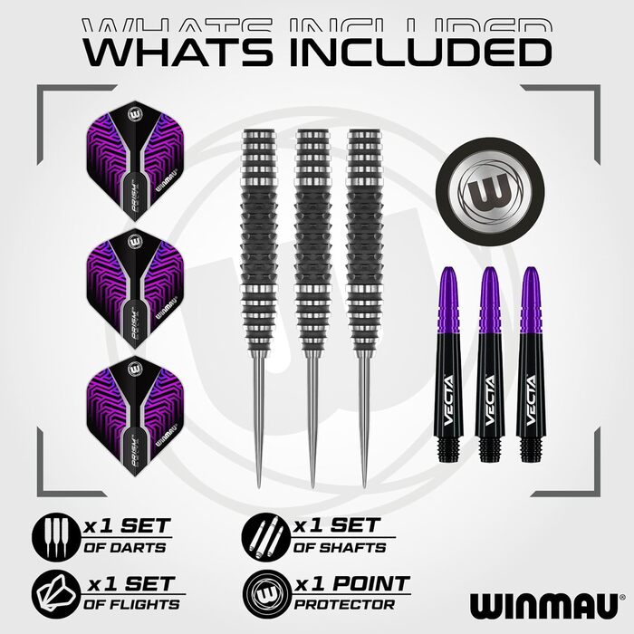 Професійний набір дротиків WINMAU Kairos 90% вольфрам, сталевий наконечник, з оперенням і стрижнями, вага 21-26 г
