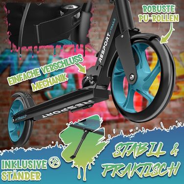 Дитячий та дорослий трюковий самокат Cityroller з дзвінком та ременем | Регульована висота, складаний, до 100 кг | Великі колеса, Kickscooter, турквіс