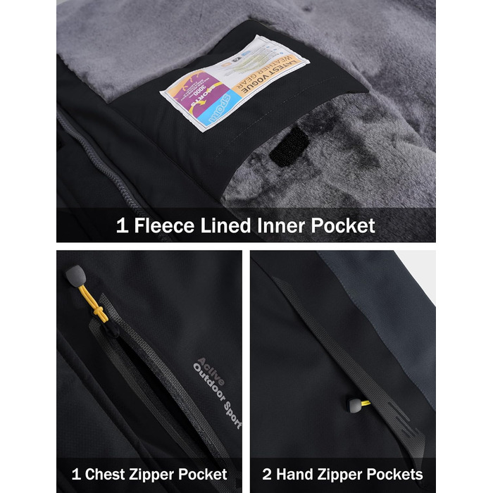 MAGCOMSEN Куртка зимова чоловіча тепла з підкладкою, водонепроникна, для катання на сноуборді та лижах, туристична, робоча знімною капюшоном (Чорно-сірий, XL)